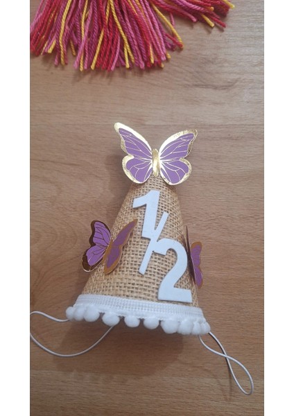 Yarım Yaş 6 Ay Şapka Jüt Kumaş Şapka Kelebek Mor Doğum Günü Şapkası 6 Ay Çuval Kumaşlı fiyatları