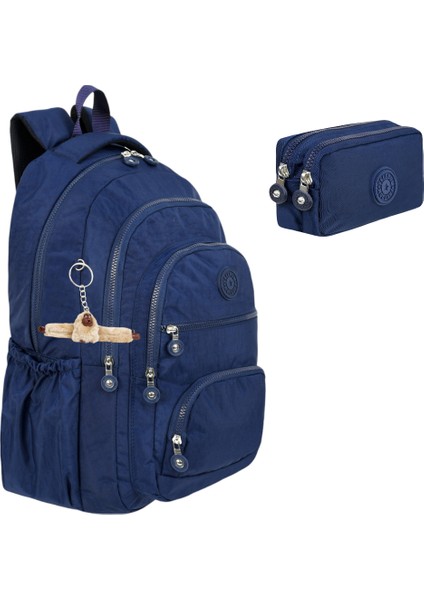 2'li Set Lüx Krinkıl Kumaş Lise ve Ortaokul Sırt Çantası + Kalemlik, Maymun Anahtarlık Hediyeli
