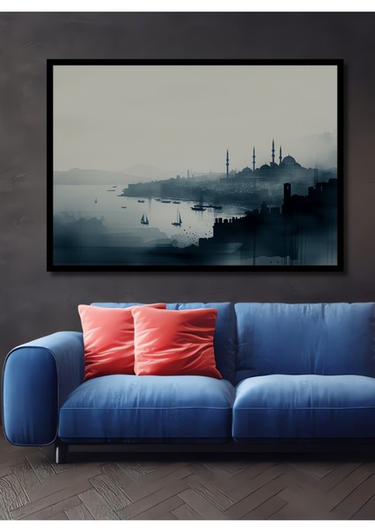 Çerçeve Görünümlü Istanbul Silüeti Sulu Boya Görünümlü Dekoratif Ahşap Ev/işyeri/ofis Kare Tablo