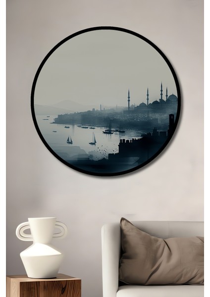 Çerçeve Görünümlü Istanbul Silüeti Sulu Boya Görünümlü Dekoratif Ahşap Işyeri/ofis Yuvarlak Tablo