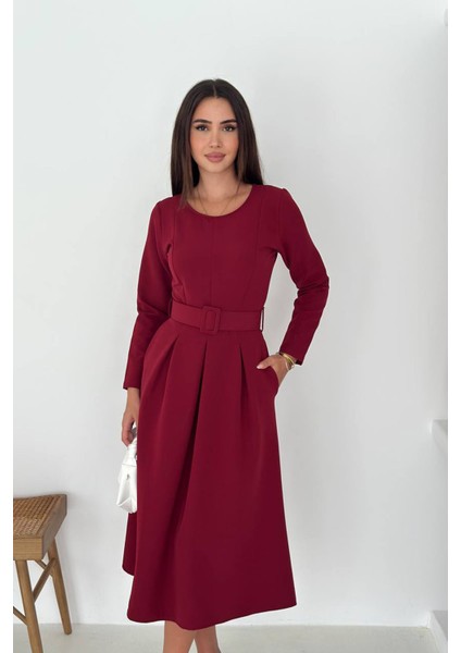 Kadın Kemerli Midi Boy Uzun Kollu Elbise NBK067