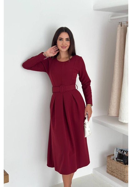Kadın Kemerli Midi Boy Uzun Kollu Elbise NBK067 fiyatları