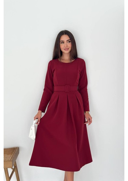 Kadın Kemerli Midi Boy Uzun Kollu Elbise NBK067 modelleri