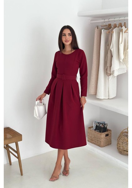 Kadın Kemerli Midi Boy Uzun Kollu Elbise NBK067 fırsatları
