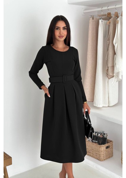 Kadın Kemerli Midi Boy Uzun Kollu Elbise NBK067