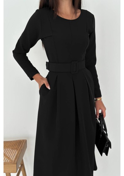 Kadın Kemerli Midi Boy Uzun Kollu Elbise NBK067 modelleri