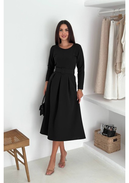 Kadın Kemerli Midi Boy Uzun Kollu Elbise NBK067 fırsatları