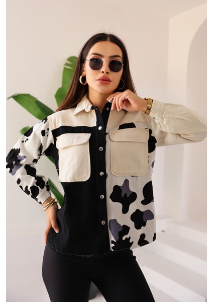 Kadın Oversize Fit Desenli Uzun Kollu %100 Pamuk Gömlek,ceket , Cepli Şık Oduncu Gömlek