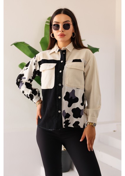 Kadın Oversize Fit Desenli Uzun Kollu %100 Pamuk Gömlek,ceket , Cepli Şık Oduncu Gömlek fiyatları