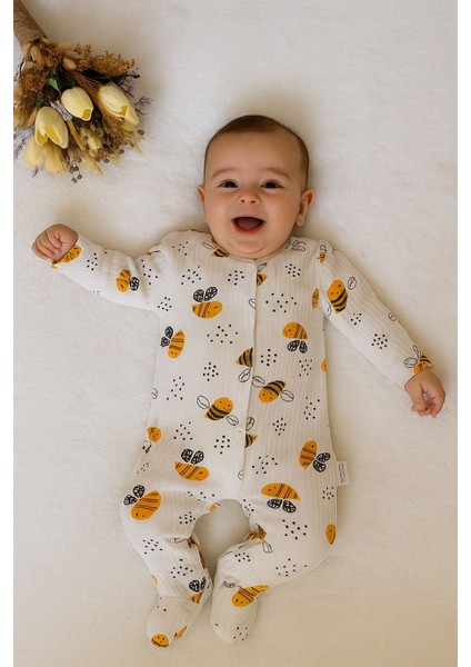 Tuembaby % 100 Cotton Kumaş Arı Desenli Patikli Unisex Bebek Tulum