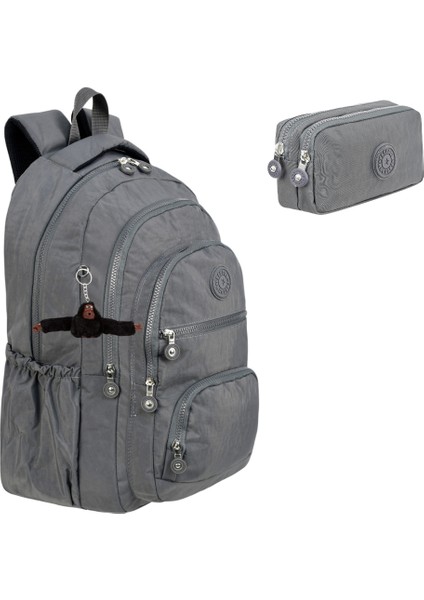 2'li Set Lüx Krinkıl Kumaş Lise ve Ortaokul Sırt Çantası + Kalemlik, Maymun Anahtarlık Hediyeli