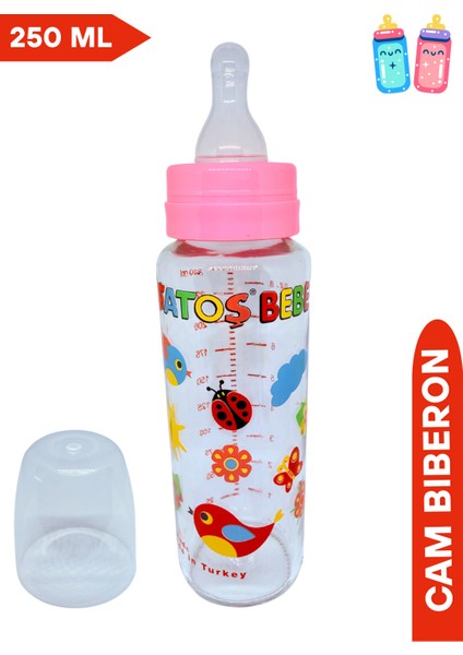 Desenli Pembe Cam Biberon 250 Ml, Şık ve Sağlıklı Bebek Için Uygun