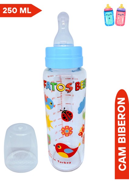Desenli Mavi Cam Biberon, 250 Ml, Şık ve Kullanışlı Tasarım