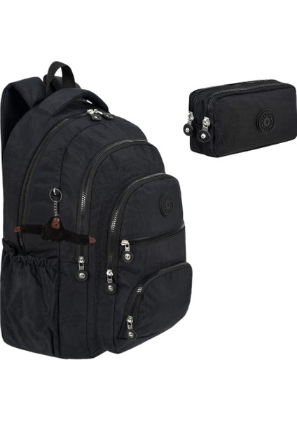 2'li Set Lüx Krinkıl Kumaş Lise ve Ortaokul Sırt Çantası + Kalemlik, Maymun Anahtarlık Hediyeli