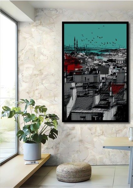 Çerçeve Görünümlü Istanbul Silüeti Kara Kalem Görünümlü Dekoratif Ahşap Ev/işyeri/ofis Kare Tablo