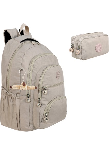 2'li Set Lüx Krinkıl Kumaş Lise ve Ortaokul Sırt Çantası + Kalemlik, Maymun Anahtarlık Hediyeli