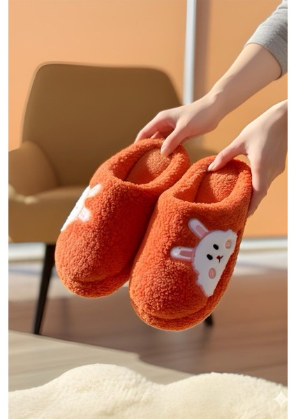 Ft 101 Tavşan Nakışlı Kadın Ev Terliği Peluş Terlik Çeyiz ve Bohça Terliği Ses Yapmaz Kalın Taban