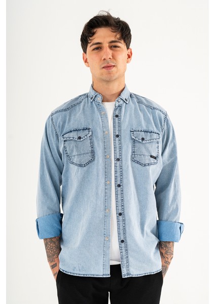 Erkek Buz Mavisi Slimfit Dar Kesim Çift Cepli Çıtçıtlı Yıkamalı Kot Gömlek