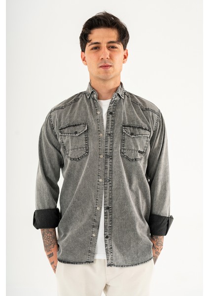 Erkek Füme Slimfit Dar Kesim Çift Cepli Çıtçıtlı Yıkamalı Kot Gömlek