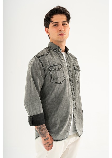 Erkek Füme Slimfit Dar Kesim Çift Cepli Çıtçıtlı Yıkamalı Kot Gömlek fiyatları