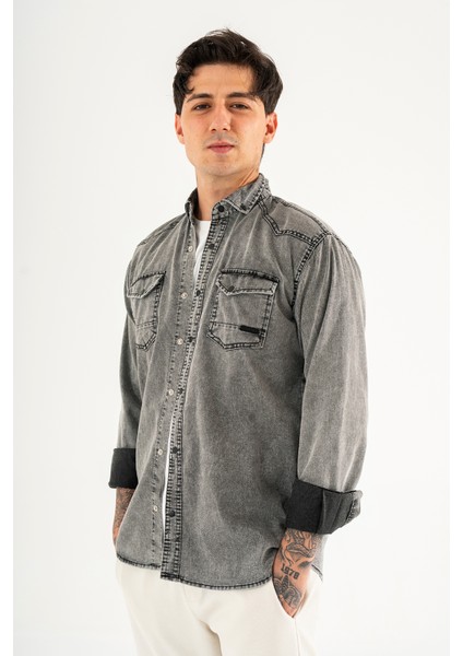 Erkek Füme Slimfit Dar Kesim Çift Cepli Çıtçıtlı Yıkamalı Kot Gömlek modelleri