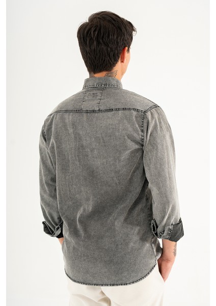 Erkek Füme Slimfit Dar Kesim Çift Cepli Çıtçıtlı Yıkamalı Kot Gömlek fırsatları