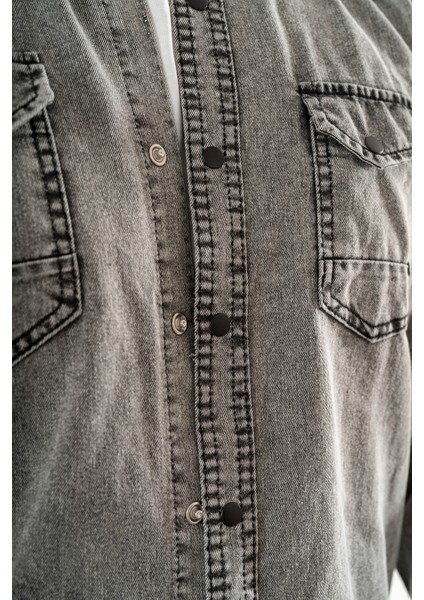 Erkek Füme Slimfit Dar Kesim Çift Cepli Çıtçıtlı Yıkamalı Kot Gömlek indirimleri