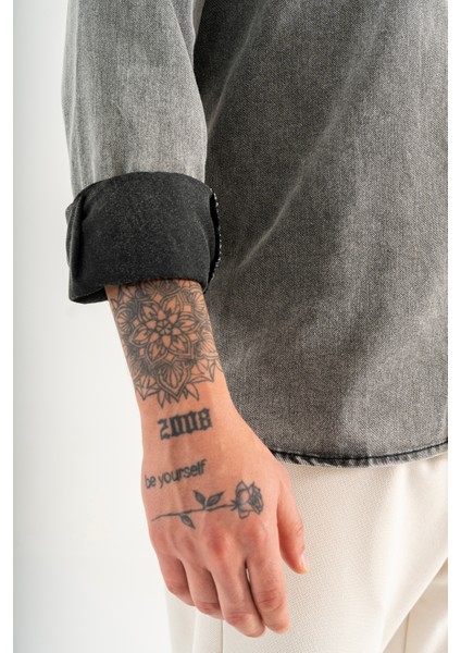 Erkek Füme Slimfit Dar Kesim Çift Cepli Çıtçıtlı Yıkamalı Kot Gömlek