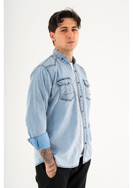 Erkek Buz Mavisi Slimfit Dar Kesim Çift Cepli Çıtçıtlı Yıkamalı Kot Gömlek fiyatları