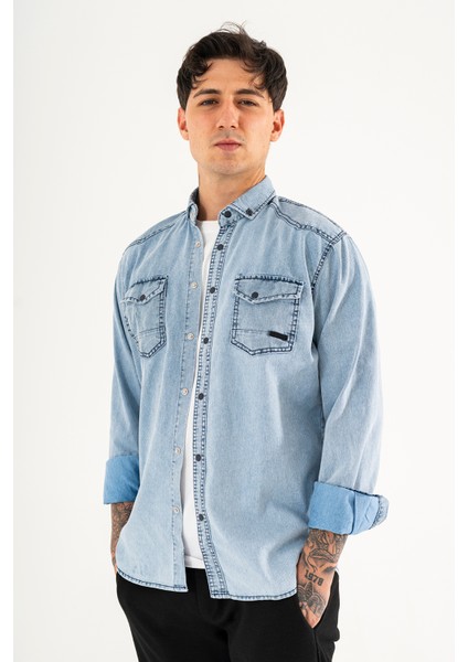 Erkek Buz Mavisi Slimfit Dar Kesim Çift Cepli Çıtçıtlı Yıkamalı Kot Gömlek modelleri