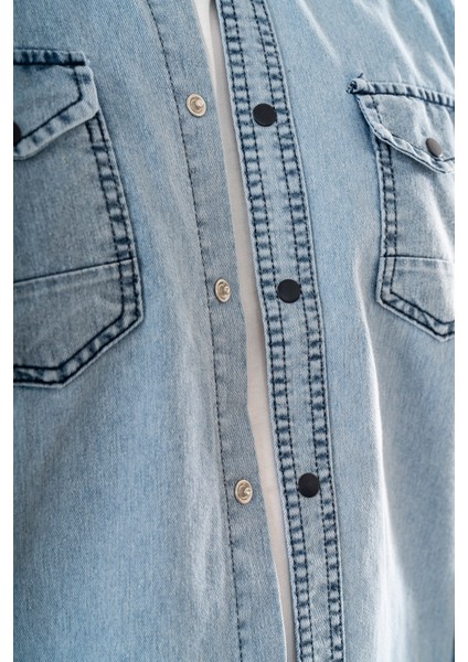 Erkek Buz Mavisi Slimfit Dar Kesim Çift Cepli Çıtçıtlı Yıkamalı Kot Gömlek indirimleri