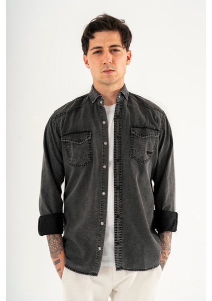 Erkek Siyah Slimfit Dar Kesim Çift Cepli Çıtçıtlı Yıkamalı Kot Gömlek