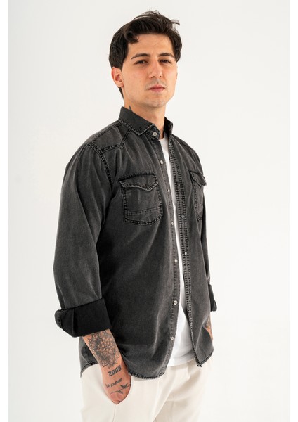 Erkek Siyah Slimfit Dar Kesim Çift Cepli Çıtçıtlı Yıkamalı Kot Gömlek fiyatları