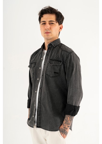 Erkek Siyah Slimfit Dar Kesim Çift Cepli Çıtçıtlı Yıkamalı Kot Gömlek modelleri