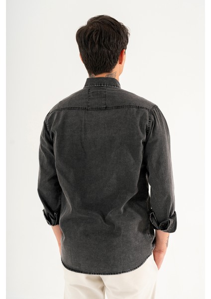 Erkek Siyah Slimfit Dar Kesim Çift Cepli Çıtçıtlı Yıkamalı Kot Gömlek fırsatları