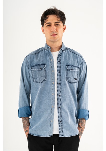 Erkek Lacivert Slimfit Dar Kesim Çift Cepli Çıtçıtlı Yıkamalı Kot Gömlek