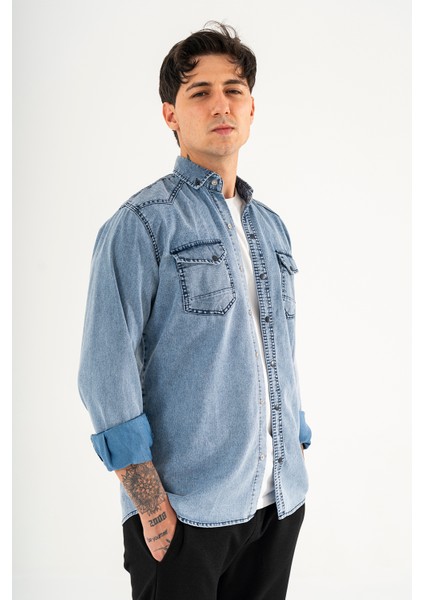 Erkek Lacivert Slimfit Dar Kesim Çift Cepli Çıtçıtlı Yıkamalı Kot Gömlek fiyatları