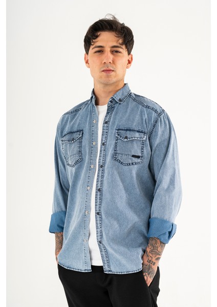 Erkek Lacivert Slimfit Dar Kesim Çift Cepli Çıtçıtlı Yıkamalı Kot Gömlek modelleri