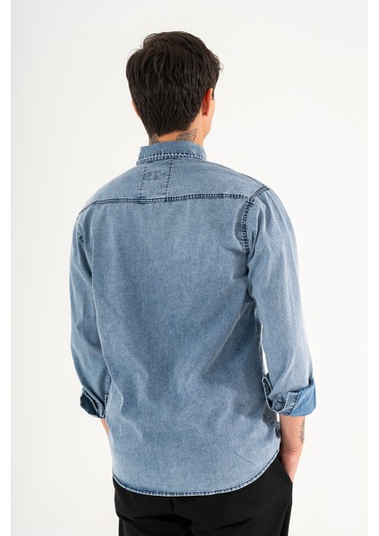 Erkek Lacivert Slimfit Dar Kesim Çift Cepli Çıtçıtlı Yıkamalı Kot Gömlek fırsatları