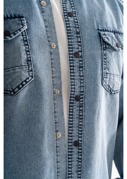 Erkek Lacivert Slimfit Dar Kesim Çift Cepli Çıtçıtlı Yıkamalı Kot Gömlek indirimleri