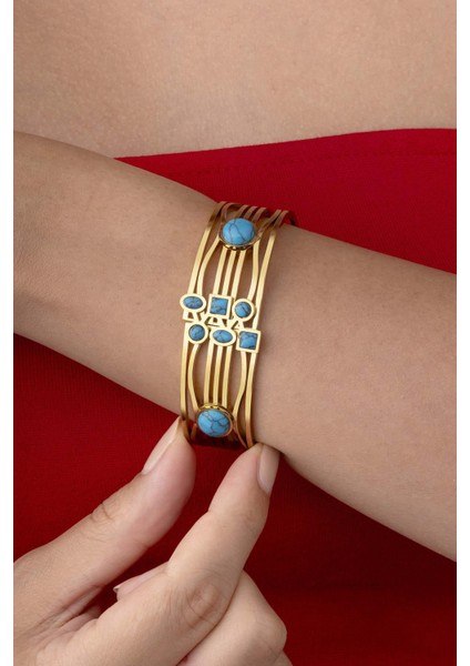 Firuze Taşlı Altın Kaplama Sarmal Model Kadın Kelepçe Bileklik