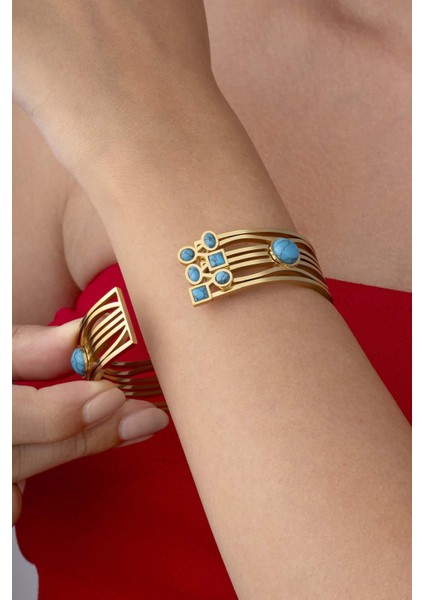 Firuze Taşlı Altın Kaplama Sarmal Model Kadın Kelepçe Bileklik modelleri