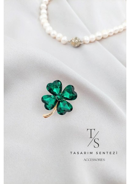 Broş Metal Rozet Yonca Yeşil Taşlı Çiçek Dört Yapraklı Yaka Kıyafet Şapka Takı Aksesuar Hediye