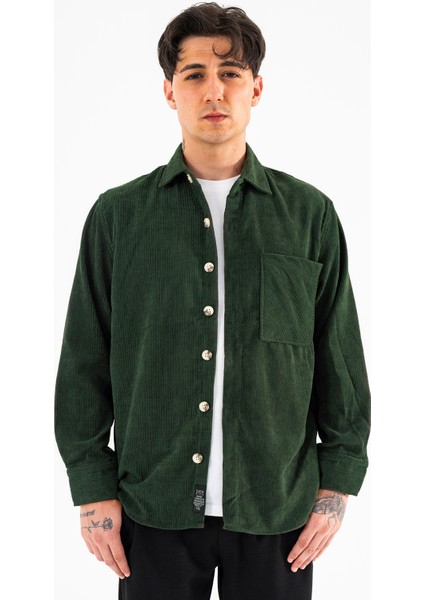 Erkek Kadife Gömlek Haki Rahat Kesim Uzun Kollu Tek Cepli