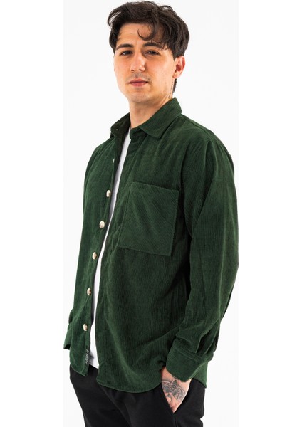 Erkek Kadife Gömlek Haki Rahat Kesim Uzun Kollu Tek Cepli modelleri
