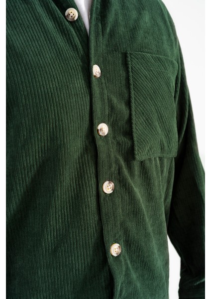 Erkek Kadife Gömlek Haki Rahat Kesim Uzun Kollu Tek Cepli indirimleri