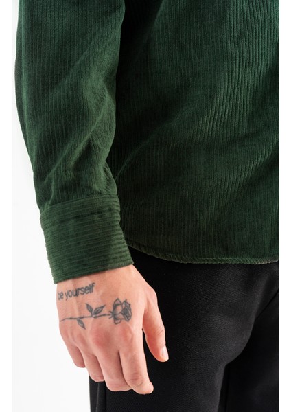 Erkek Kadife Gömlek Haki Rahat Kesim Uzun Kollu Tek Cepli