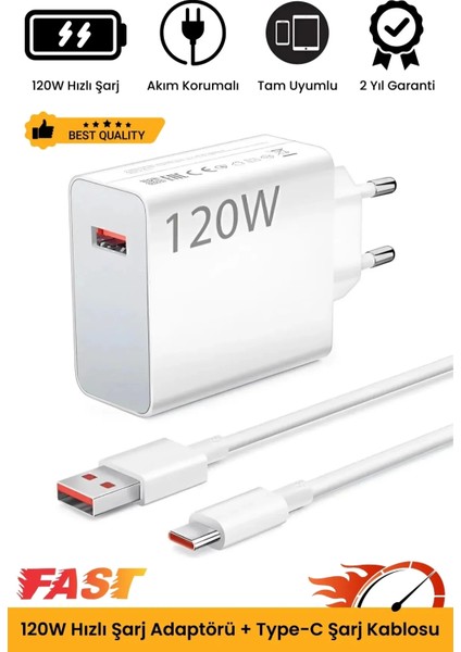 Premium 120W Ultra Hızlı Şarj Seti Adaptör + Type C Kablosu Tüm Telefonlara Uyumlu Şarj Cihazı
