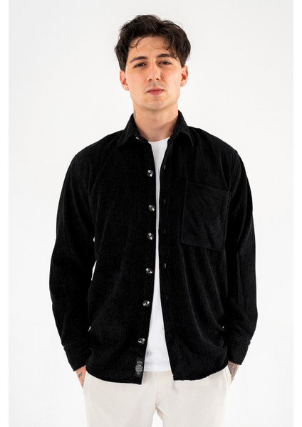 Erkek Kadife Gömlek Siyah Rahat Kesim Uzun Kollu Tek Cepli