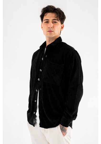 Erkek Kadife Gömlek Siyah Rahat Kesim Uzun Kollu Tek Cepli modelleri